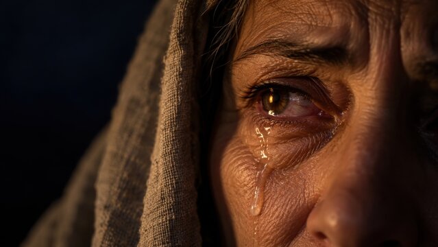 Close-up of a veiled older woman with a tear on her cheek. Christian faith and human suffering. Biblical era religious scene. Grief, compassion and spiritual reflection. Emotional portrait