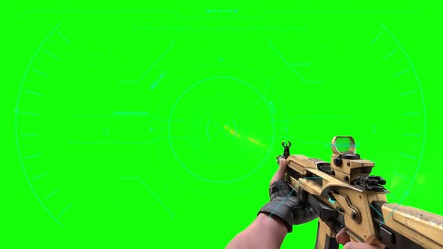 First person perspective video footage of shooting rifle with futuristic tactical hud green screen