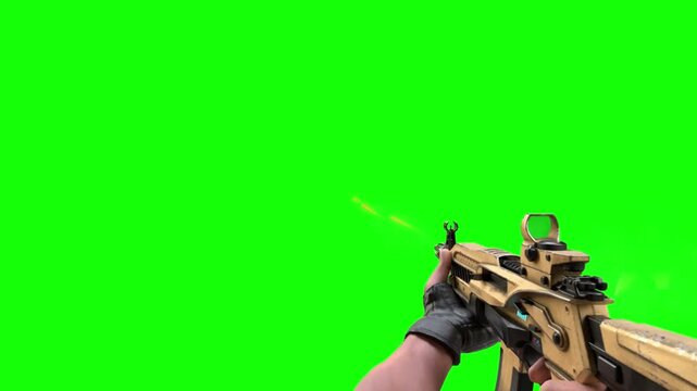 First person shooter video game footage showing character firing tactical assault rifle with muzzle flash
