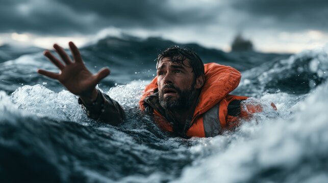 Stranded Man in Life Jacket Struggles in Rough Ocean Waves with Dramatic Stormy Sky Above and Distress on His Face Captured in Powerful Moment