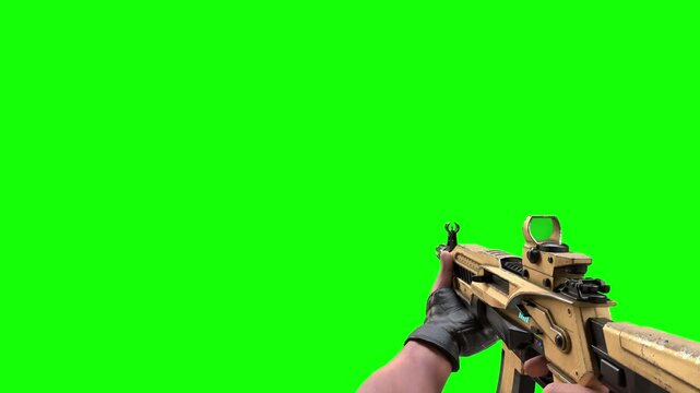 First person perspective video footage of tactical shooter gameplay holding futuristic assault rifle weapon