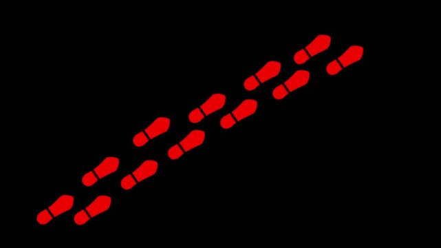 Bright red footprint arranged in a diagonal line moving upwards and to the right on a stark black background symbolizing a distinct path or urgent movement