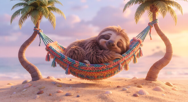 Whimsical 3D Cartoon Sloth Sleeping in a Beach Hammock