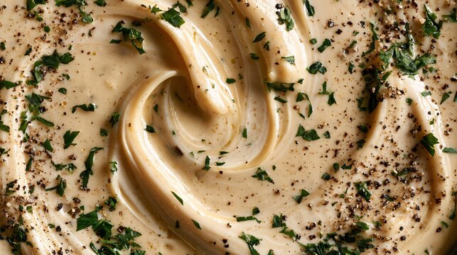 A macro autumn soup background focuses on the glossy surface of mushroom bisque as cream forms delicate swirling patterns, with tiny herb leaves and cracked pepper adding texture around the frame