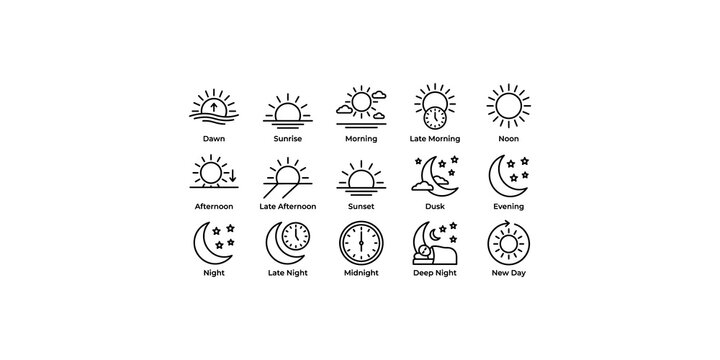 Fifteen black linear icons illustrating day cycle phases from dawn to midnight for weather and time tracking layouts.