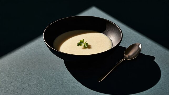 A minimalist black-and-cream autumn soup background features pale cauliflower bisque in a matte-black bowl, one tiny herb leaf, a silver spoon, and strong directional light