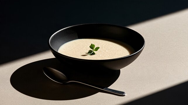 A minimalist black-and-cream autumn soup background features pale cauliflower bisque in a matte-black bowl, one tiny herb leaf, a silver spoon, and strong directional light