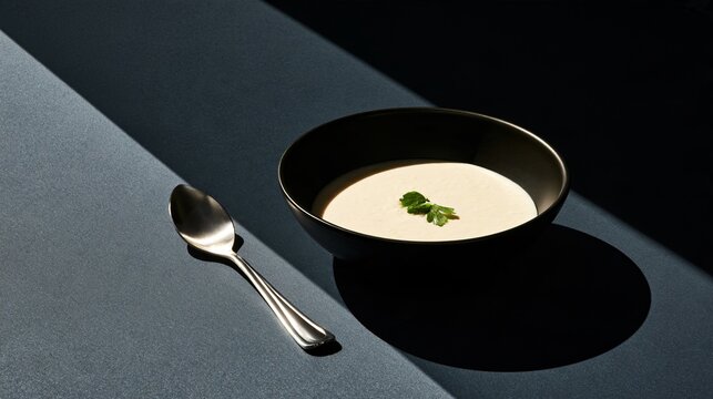A minimalist black-and-cream autumn soup background features pale cauliflower bisque in a matte-black bowl, one tiny herb leaf, a silver spoon, and strong directional light
