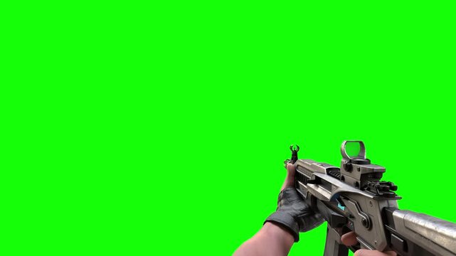 First person shooter video game character holding futuristic assault rifle weapon with green screen background