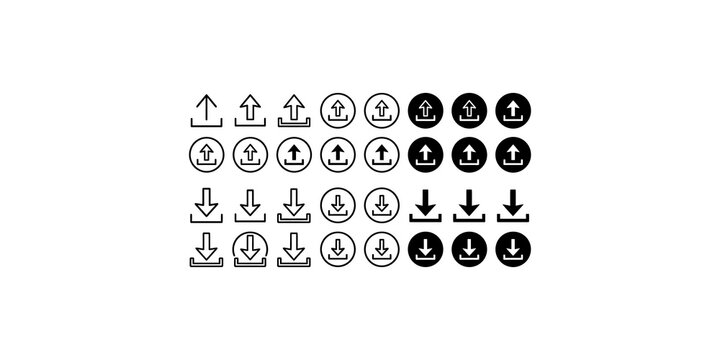 Black upload and download arrow icons set includes various circle and square button styles for web navigation ux.