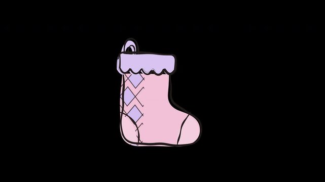 Hand Drawn pink and purple argyle christmas stocking winter holiday sock 4K Animation with alpha transparent background