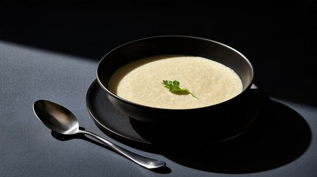 A minimalist black-and-cream autumn soup background features pale cauliflower bisque in a matte-black bowl, one tiny herb leaf, a silver spoon, and strong directional light