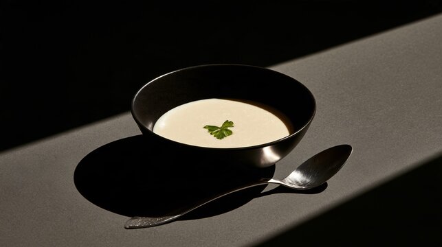 A minimalist black-and-cream autumn soup background features pale cauliflower bisque in a matte-black bowl, one tiny herb leaf, a silver spoon, and strong directional light