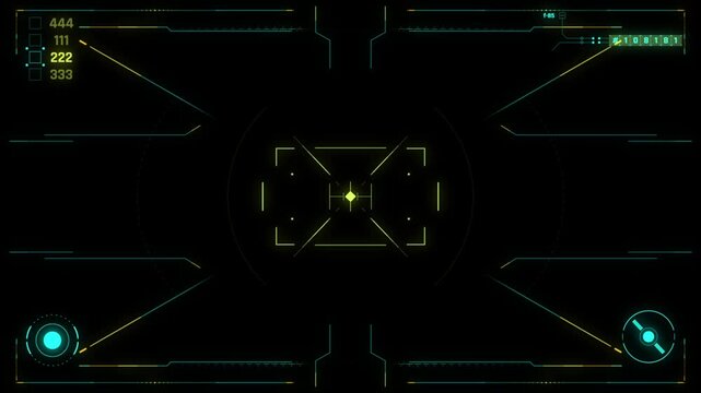 Futuristic hud interface with digital targeting reticle and technical data overlay motion video