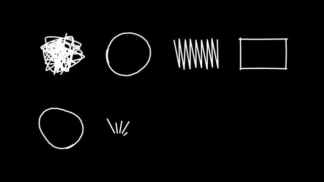 White hand drawn geometric shapes and scribbles on transparent background