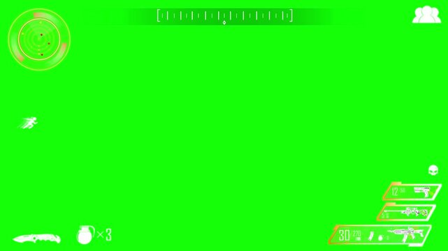 Video game hud overlay with green screen backdrop for digital battle royale shooting action footage