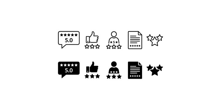 Customer review and feedback icons set with five star ratings and testimonial symbols for business reputation.