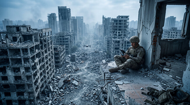 Soldier controlling military drone over destroyed city ruins from damaged skyscraper, modern warfare remote technology and urban combat concept