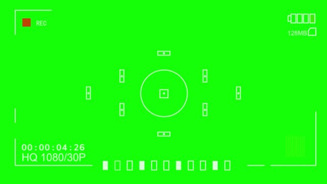 Camera viewfinder overlay with green screen chroma key background for video editing motion footage