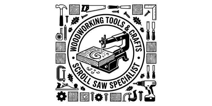 Woodworking tools and crafts logo badge with scroll saw illustration for carpentry workshop branding marketing.