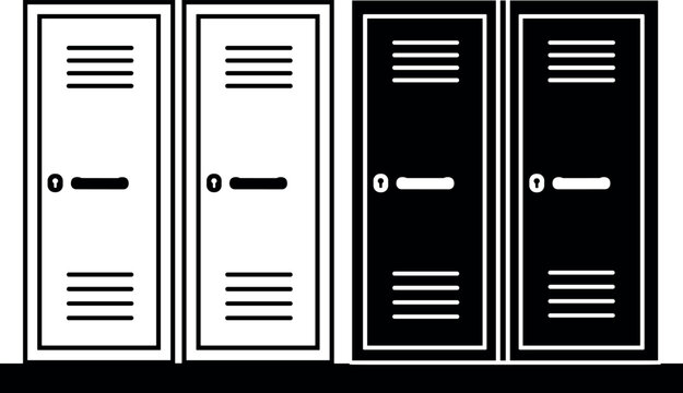 School gym locker room icon set with metal storage lockers outline and black silhouette furniture vector illustration