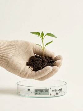 Gloved hand holding a young plant seedling with soil over a digital petri dish measuring moisture and pH levels