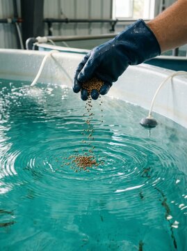 Gloved hand dropping pellet feed into a turquoise aquaculture tank water