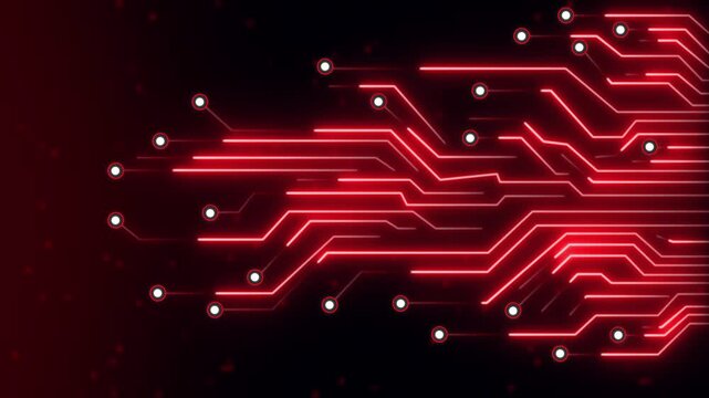 Circuit board pattern animation displays interconnected nodes on dark. Semiconductor computing telemetry routes on circuit board pattern. Digital processors run board.