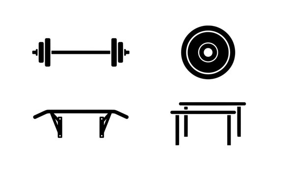 Gym equipment silhouettes set with barbell, weight plate, pull up bar and bench for fitness logo
