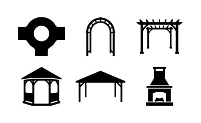 Fototapeta premium Outdoor structures silhouettes set with pergola, gazebo, archway, pavilion and fireplace for landscape design