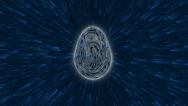 Fingerprint icon animation displays biometric identity security on dark. Personal access authorization data routes on fingerprint icon. User authentication uses icon.