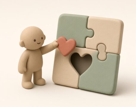 Smiling faceless clay figure placing heart piece into large four piece puzzle, concept of love, connection and completing the picture