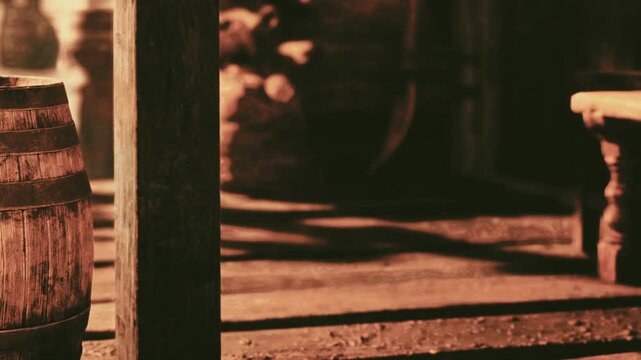 In a cozy tavern setting, warm light highlights aged wooden barrels and rustic furniture, creating a welcoming atmosphere. The scene evokes a sense of history and comfort.