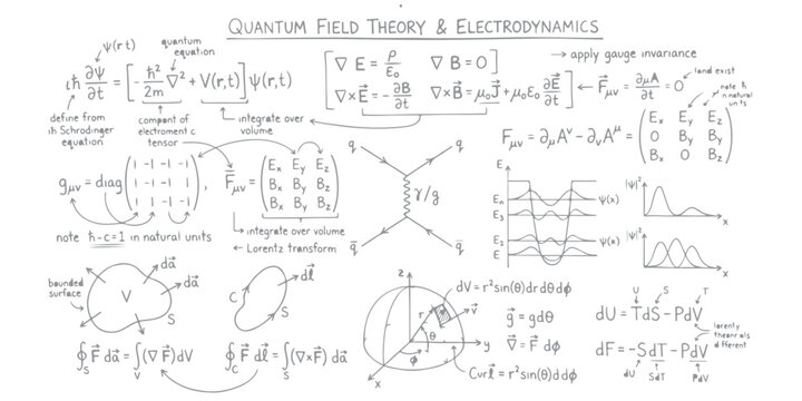 Handwritten physics notes with quantum field theory and electrodynamics equations and diagrams