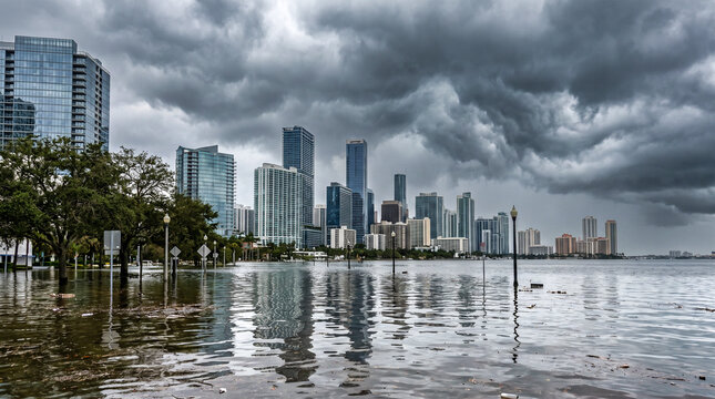 Imagen conceptual de una ciudad afectada por inundaciones extremas como consecuencia de fen&oacute;menos meteorol&oacute;gicos asociados al cambio clim&aacute;tico.