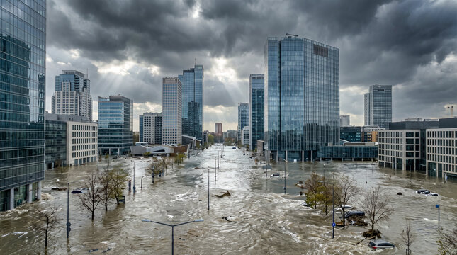 Imagen conceptual de una ciudad afectada por inundaciones extremas como consecuencia de fen&oacute;menos meteorol&oacute;gicos asociados al cambio clim&aacute;tico.