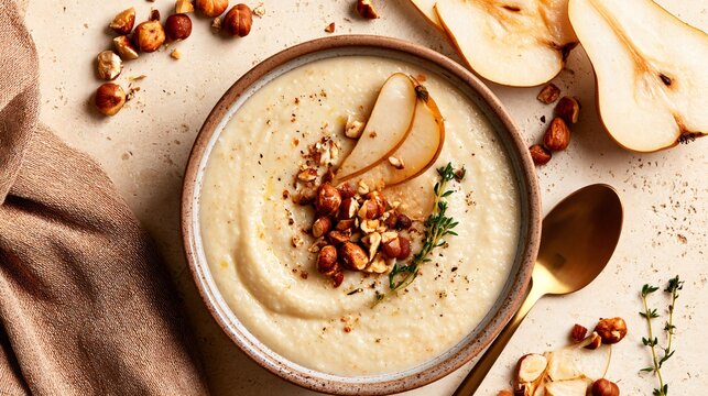 Autumn soup backgrounds use a top-down arrangement of creamy celery root soup, sliced pear, toasted hazelnuts, thyme, and linen on pale sandstone