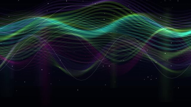 A seamless, looping pattern of luminous, undulating green and magenta waves flows against a deep black space background.