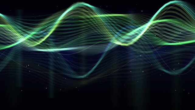 Flowing luminous green looping waves undulate against a dark starry background