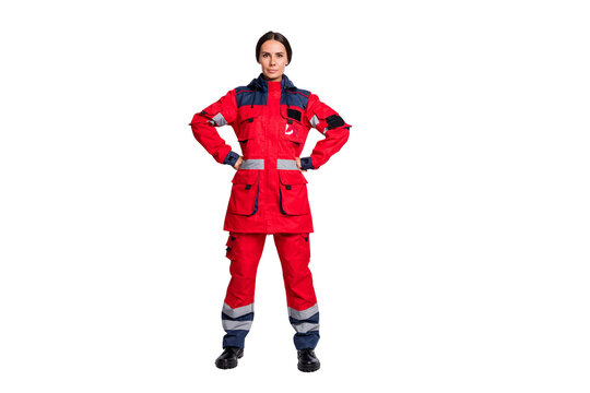 Full body photo of young serious woman wear uniform paramedic doctor help isolated over white color background