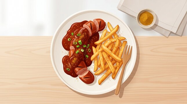 A traditional German currywurst dish featuring sliced spiced sausage generously coated in rich curry ketchup and served with golden crispy French fries on a wooden table.