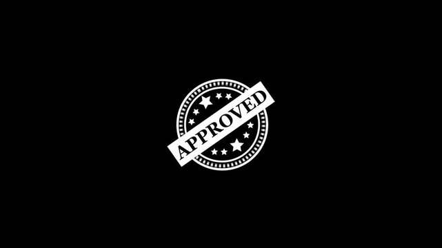 Approved stamp animation displays circular verification stars on dark. Official quality compliance status confirms on approved stamp. Document clearance clears stamp.