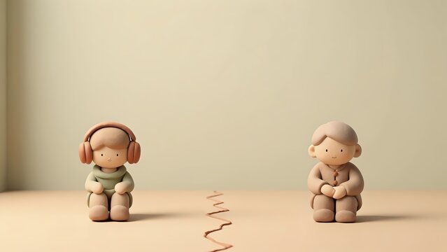 Child with headphones and elderly figure sitting apart with a jagged crack on the ground between them, concept of emotional distance and generation gap