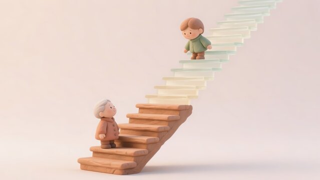 Elderly clay woman at the bottom of a staircase watching a child walking up glowing ethereal steps, concept of life stages, perspective and looking toward the future