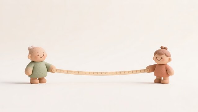 Elderly clay figure and child holding opposite ends of a ruler across empty space, concept of measuring the generation gap