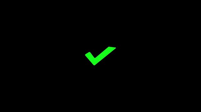 A bright green check mark symbol displayed prominently in the center of a completely black background, signifying confirmation, success, approval, or completion of a task or selection Keywords