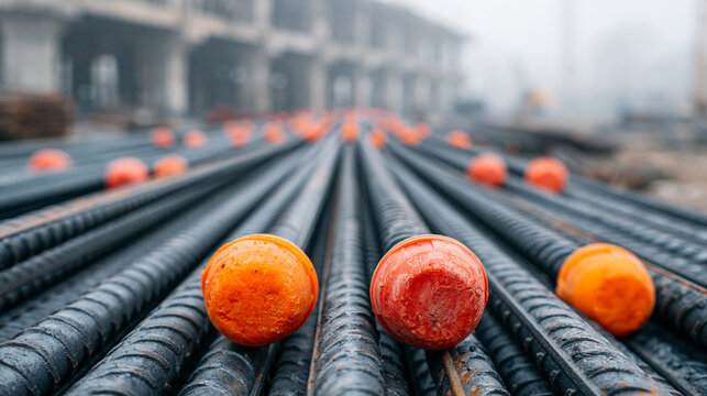 Industrial metal reinforcement bars with vibrant orange plastic ends positioned neatly on rocky ground construction site.