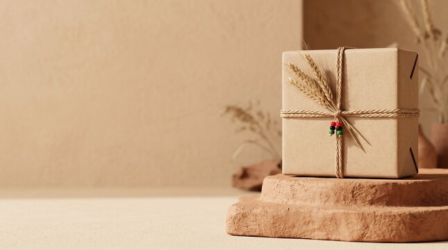 Artisanal Kwanzaa gift box mockup wrapped in kraft paper with braided raffia cord and wheat ears on raw terracotta clay podium, heritage holiday banner with copy space   