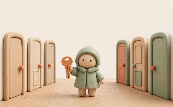 Clay figure holding a key standing between two rows of colorful doors, concept of choosing a new home, opportunity and new beginning