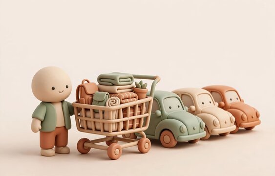 Clay figure with shopping cart full of belongings beside a row of toy cars decreasing in size, concept of moving house, relocation and downsizing